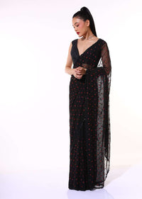 Black Saree In Chiffon Blend With Resham Embroidered Floral Buttis And Unstitched Blouse Online - Kalki Fashion