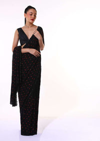 Black Saree In Chiffon Blend With Resham Embroidered Floral Buttis And Unstitched Blouse Online - Kalki Fashion