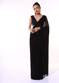 Black Saree In Chiffon Blend With Resham Embroidered Floral Buttis And Unstitched Blouse Online - Kalki Fashion