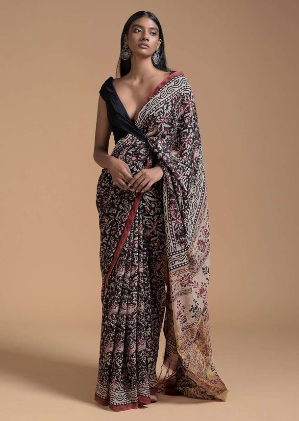 Black Saree In Cotton With Batik Printed Floral Jaal Design Online - Kalki Fashion