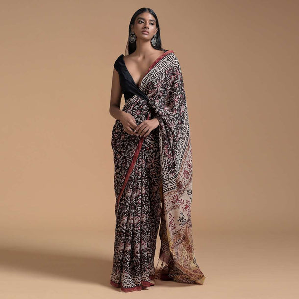 Black Saree In Cotton With Batik Printed Floral Jaal Design Online - Kalki Fashion