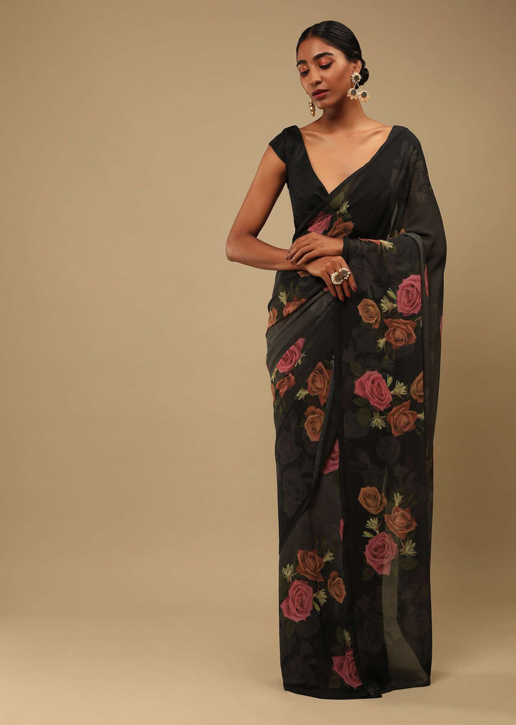 Black And Grey Shaded Saree In Crepe Georgette With Printed Rose Motifs And Unstitched Blouse