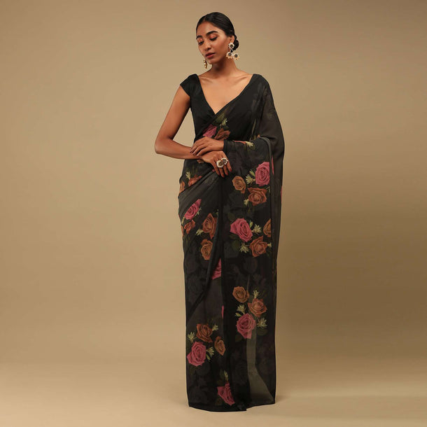 Black And Grey Shaded Saree In Crepe Georgette With Printed Rose Motifs And Unstitched Blouse