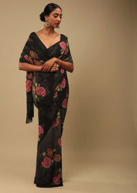 Black And Grey Shaded Saree In Crepe Georgette With Printed Rose Motifs And Unstitched Blouse