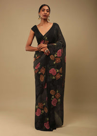 Black And Grey Shaded Saree In Crepe Georgette With Printed Rose Motifs And Unstitched Blouse