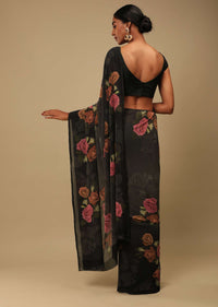 Black And Grey Shaded Saree In Crepe Georgette With Printed Rose Motifs And Unstitched Blouse