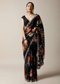 Black Saree In Georgette With Floral Print And Stone Embellished Border Along With Unstitched Blouse Online - Kalki Fashion