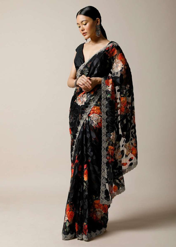 Black Saree In Georgette With Floral Print And Stone Embellished Border Along With Unstitched Blouse Online - Kalki Fashion