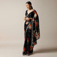 Black Saree In Georgette With Floral Print And Stone Embellished Border Along With Unstitched Blouse Online - Kalki Fashion