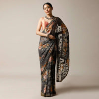 Stone Grey Saree In Georgette With Floral Print And Stone Embellished Border Along With Unstitched Blouse Online - Kalki Fashion