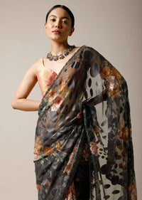 Stone Grey Saree In Georgette With Floral Print And Stone Embellished Border Along With Unstitched Blouse Online - Kalki Fashion