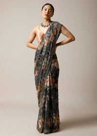 Stone Grey Saree In Georgette With Floral Print And Stone Embellished Border Along With Unstitched Blouse Online - Kalki Fashion