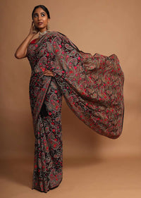 Black Saree In Georgette With Kashmiri Embroidery In Paisley And Floral Jaal