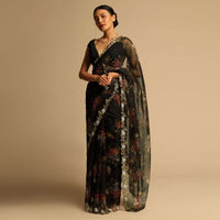 Black Saree In Organza With Floral Print All Over And Moti Embroidered Border Along With Unstitched Blouse