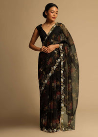 Black Saree In Organza With Floral Print All Over And Moti Embroidered Border Along With Unstitched Blouse