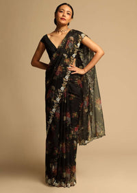 Black Saree In Organza With Floral Print All Over And Moti Embroidered Border Along With Unstitched Blouse