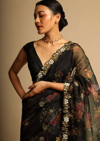 Black Saree In Organza With Floral Print All Over And Moti Embroidered Border Along With Unstitched Blouse