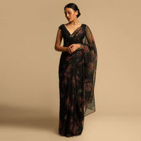 Black Saree In Organza With Floral Print All Over And Scalloped Resham Border Along With Unstitched Blouse