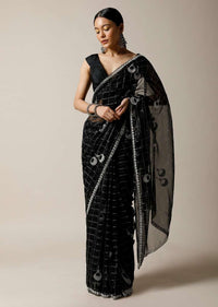 Black Saree In Organza With Woven Checks And Stone Embellished Buttis Along With Unstitched Blouse Online - Kalki Fashion