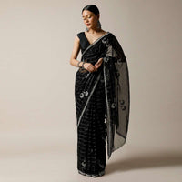 Black Saree In Organza With Woven Checks And Stone Embellished Buttis Along With Unstitched Blouse Online - Kalki Fashion