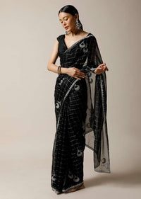 Black Saree In Organza With Woven Checks And Stone Embellished Buttis Along With Unstitched Blouse Online - Kalki Fashion