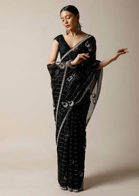 Black Saree In Organza With Woven Checks And Stone Embellished Buttis Along With Unstitched Blouse Online - Kalki Fashion