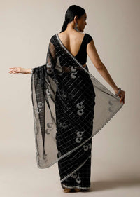 Black Saree In Organza With Woven Checks And Stone Embellished Buttis Along With Unstitched Blouse Online - Kalki Fashion