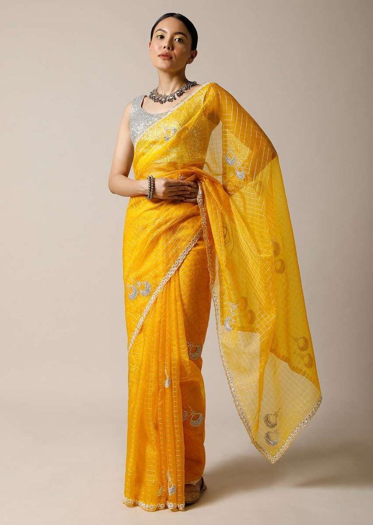 Amber Yellow Saree In Organza With Woven Checks And Stone Embellished Buttis Along With Unstitched Blouse