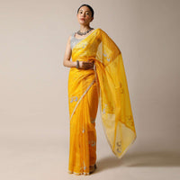 Amber Yellow Saree In Organza With Woven Checks And Stone Embellished Buttis Along With Unstitched Blouse