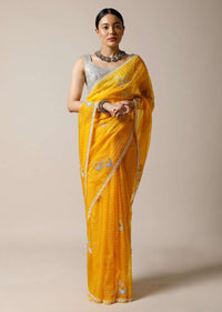 Amber Yellow Saree In Organza With Woven Checks And Stone Embellished Buttis Along With Unstitched Blouse