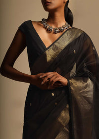 Black Saree In Cotton Silk With Woven Buttis And Broad Border Along With Unstitched Blouse