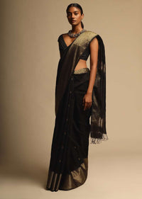Black Saree In Cotton Silk With Woven Buttis And Broad Border Along With Unstitched Blouse
