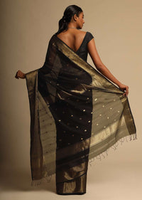 Black Saree In Cotton Silk With Woven Buttis And Broad Border Along With Unstitched Blouse