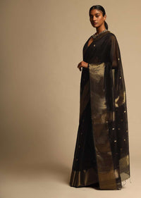 Black Saree In Cotton Silk With Woven Buttis And Broad Border Along With Unstitched Blouse