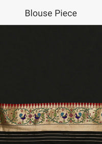 Black Saree In Art Handloom Silk With Woven Geometric Buttis, Peacock Motifs On The Border And Unstitched Blouse