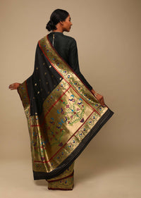 Black Saree In Art Handloom Silk With Woven Geometric Buttis, Peacock Motifs On The Border And Unstitched Blouse