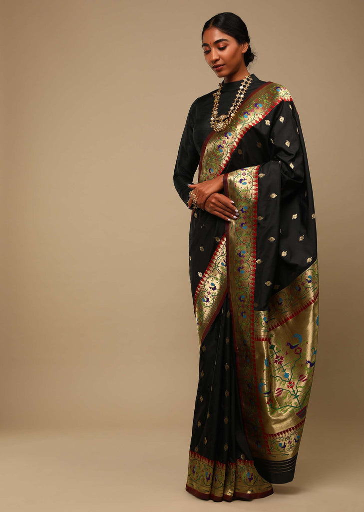 Black Saree In Art Handloom Silk With Woven Geometric Buttis, Peacock Motifs On The Border And Unstitched Blouse