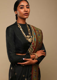 Black Saree In Art Handloom Silk With Woven Geometric Buttis, Peacock Motifs On The Border And Unstitched Blouse