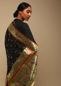 Black Saree In Art Handloom Silk With Woven Geometric Buttis, Peacock Motifs On The Border And Unstitched Blouse