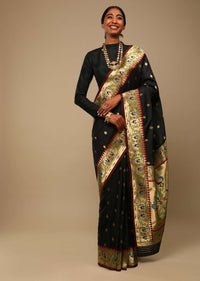 Black Saree In Art Handloom Silk With Woven Geometric Buttis, Peacock Motifs On The Border And Unstitched Blouse