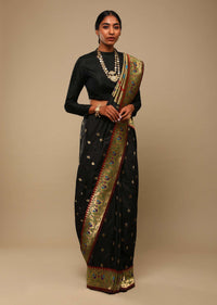 Black Saree In Art Handloom Silk With Woven Geometric Buttis, Peacock Motifs On The Border And Unstitched Blouse