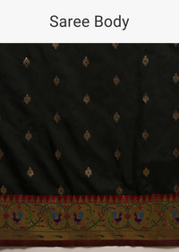 Black Saree In Art Handloom Silk With Woven Geometric Buttis, Peacock Motifs On The Border And Unstitched Blouse