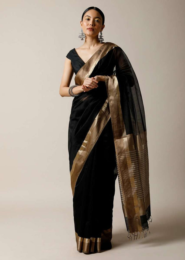 Black Saree In Cotton Silk With Woven Golden Border And Contrasting Unstitched Blouse