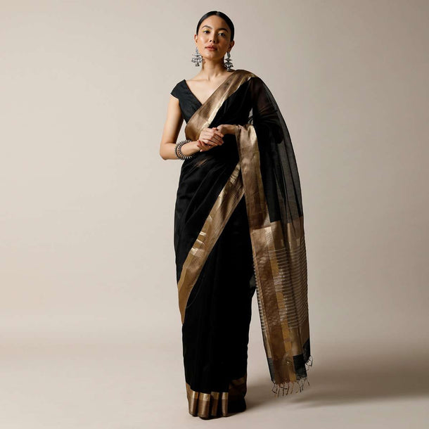 Black Saree In Cotton Silk With Woven Golden Border And Contrasting Unstitched Blouse