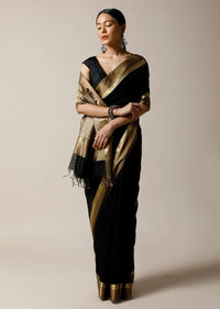 Black Saree In Cotton Silk With Woven Golden Border And Contrasting Unstitched Blouse