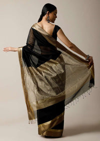 Black Saree In Cotton Silk With Woven Golden Border And Contrasting Unstitched Blouse