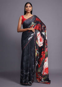 Black Saree In Satin Blend With Floral Print And Scattered Kundan Work Online - Kalki Fashion