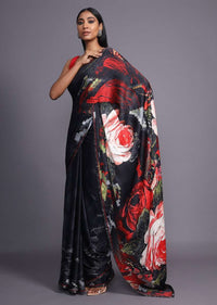 Black Saree In Satin Blend With Floral Print And Scattered Kundan Work Online - Kalki Fashion