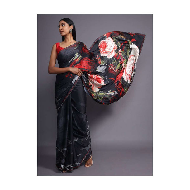 Black Saree In Satin Blend With Floral Print And Scattered Kundan Work Online - Kalki Fashion