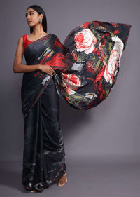 Black Saree In Satin Blend With Floral Print And Scattered Kundan Work Online - Kalki Fashion